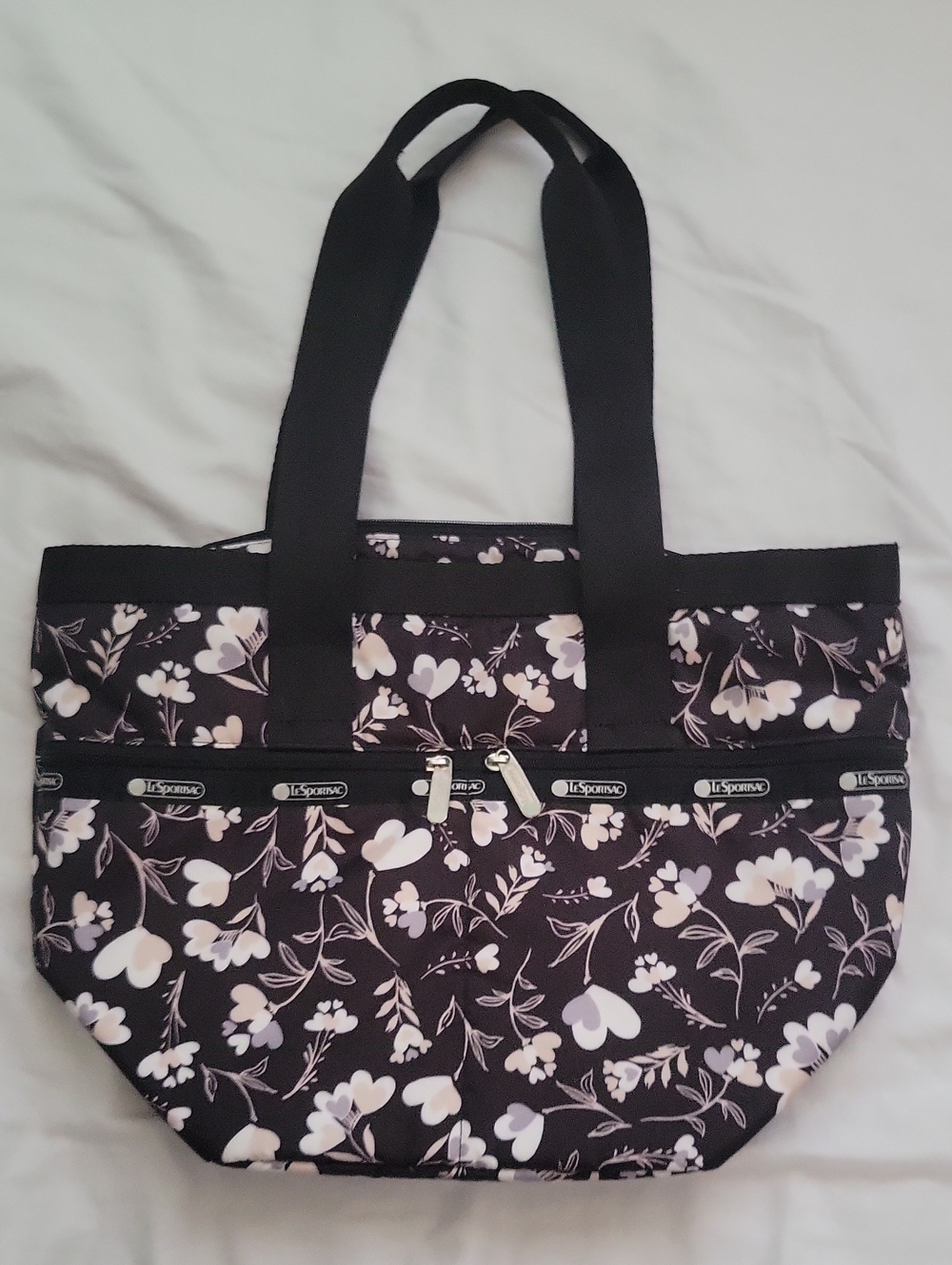 Lesportsac Black Floral Tote with Soft Pink Blossoms